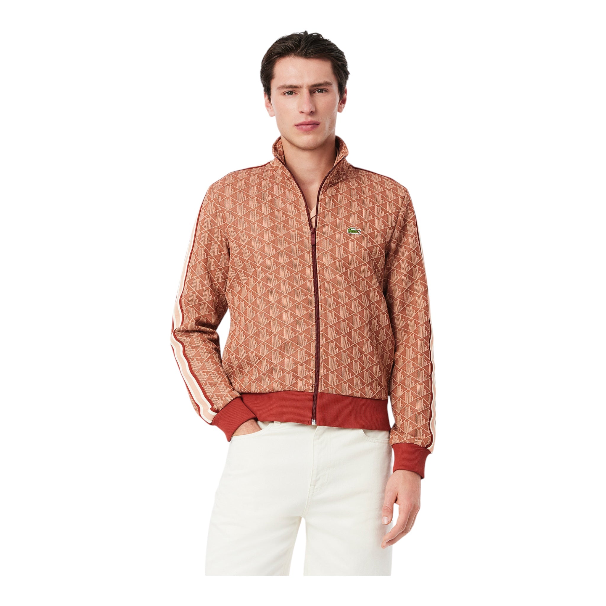 Felpa Full Zip In Jacquard Monogramma Marrone-Berige SH1368 00 GTI Lacoste