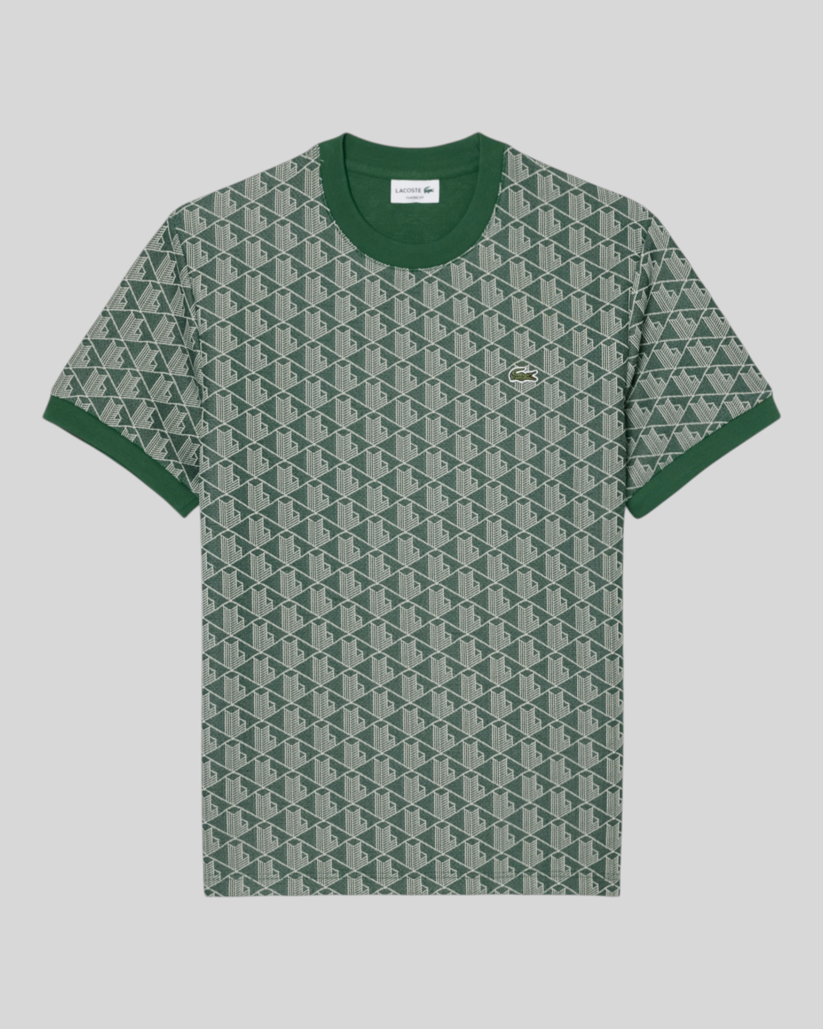 Brillantina Store green jacquard t-shirt with all-over monogram pattern and embroidered crocodile logo.