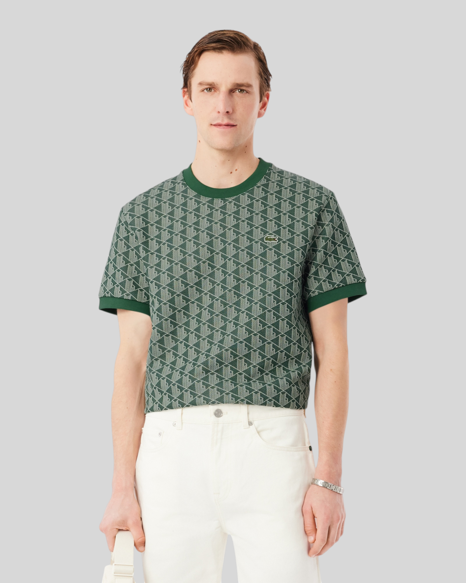 Brillantina Store green jacquard monogram t-shirt with embroidered crocodile logo on chest. Organic cotton blend.