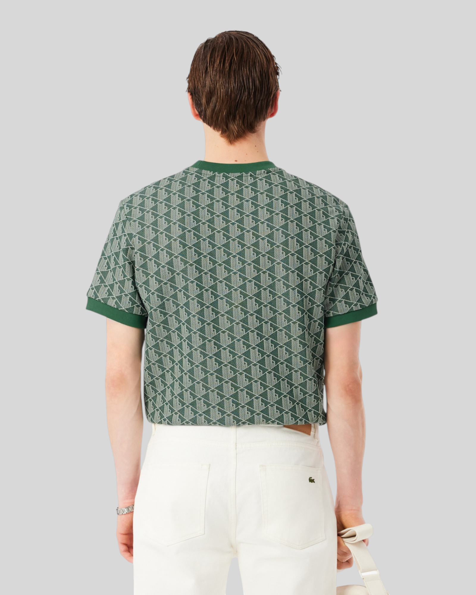 Brillantina Store green jacquard monogram t-shirt with classic fit and ribbed collar/cuffs. Organic cotton blend.