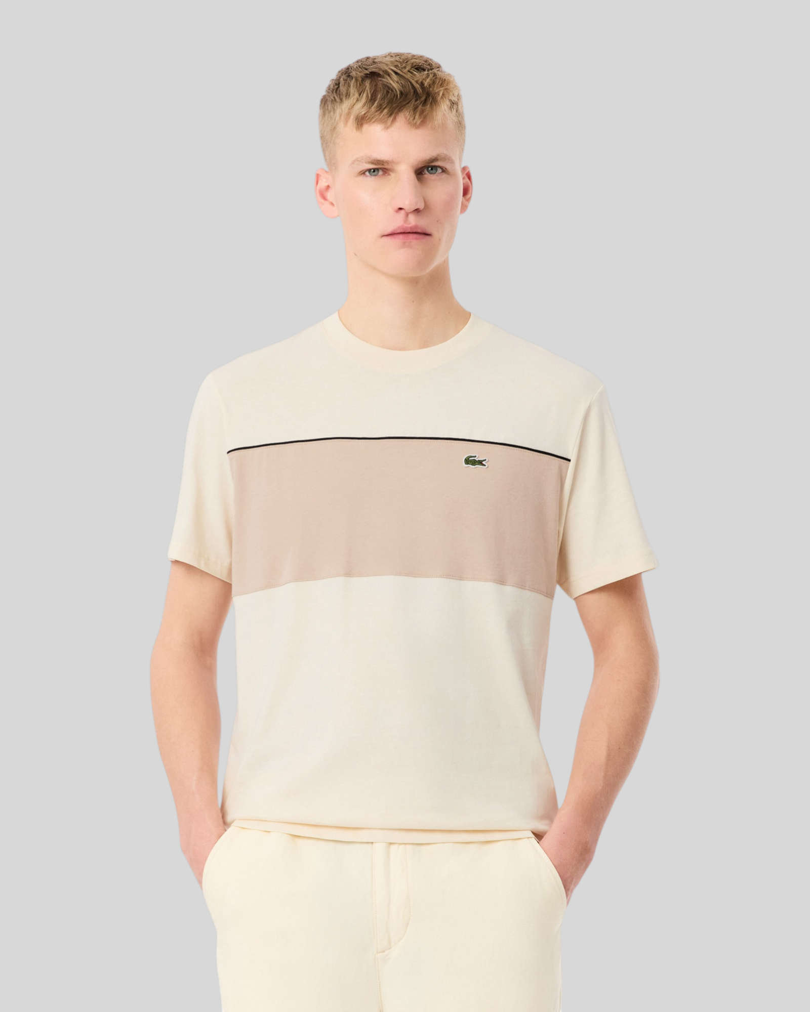 Brillantina Store Lacoste beige and cream color block cotton t-shirt with embroidered crocodile logo.