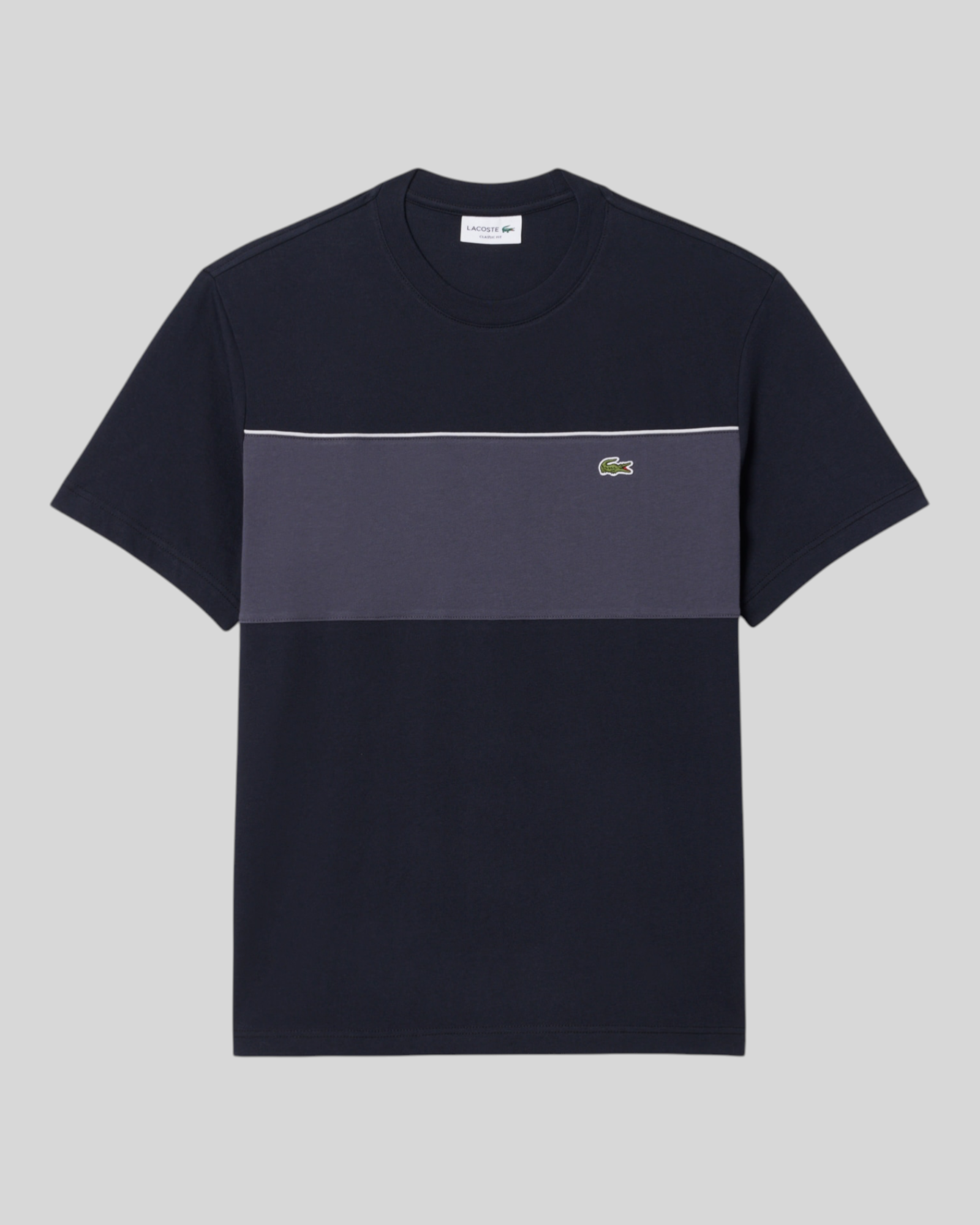 Brillantina Store Lacoste men's navy blue and grey color block cotton t-shirt with embroidered crocodile logo.