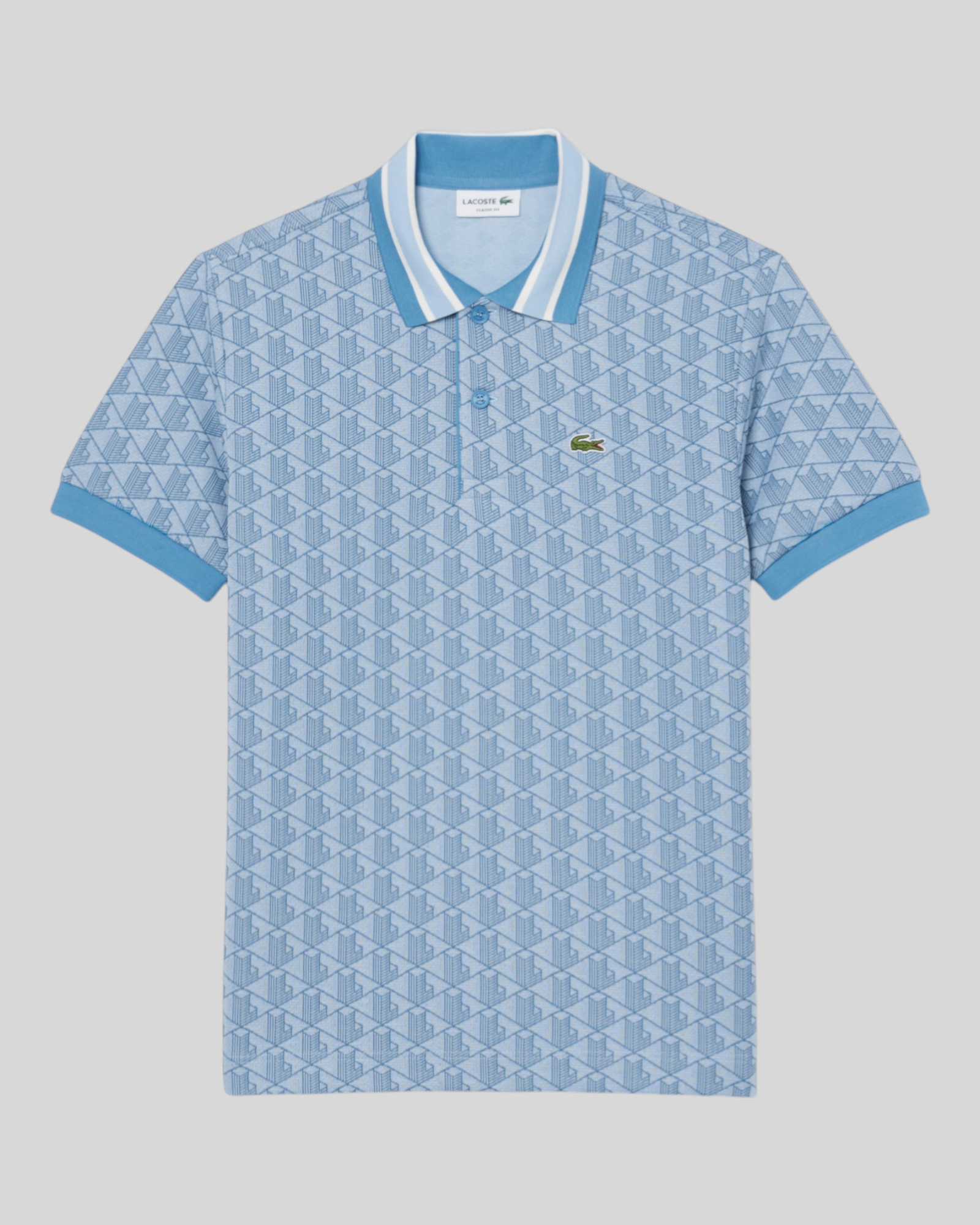 Brillantina Store light blue jacquard polo shirt with monogram pattern, contrast striped collar, and embroidered crocodile logo.