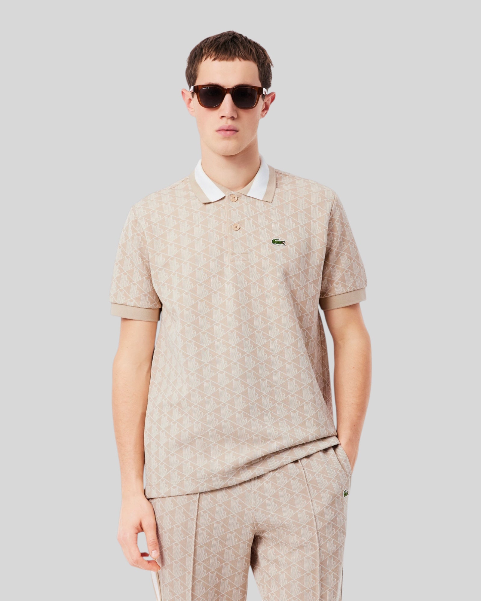 Polo In Jacquard Classic Fit Monogramma Beige e Bianco DH1417 00 8GI Lacoste