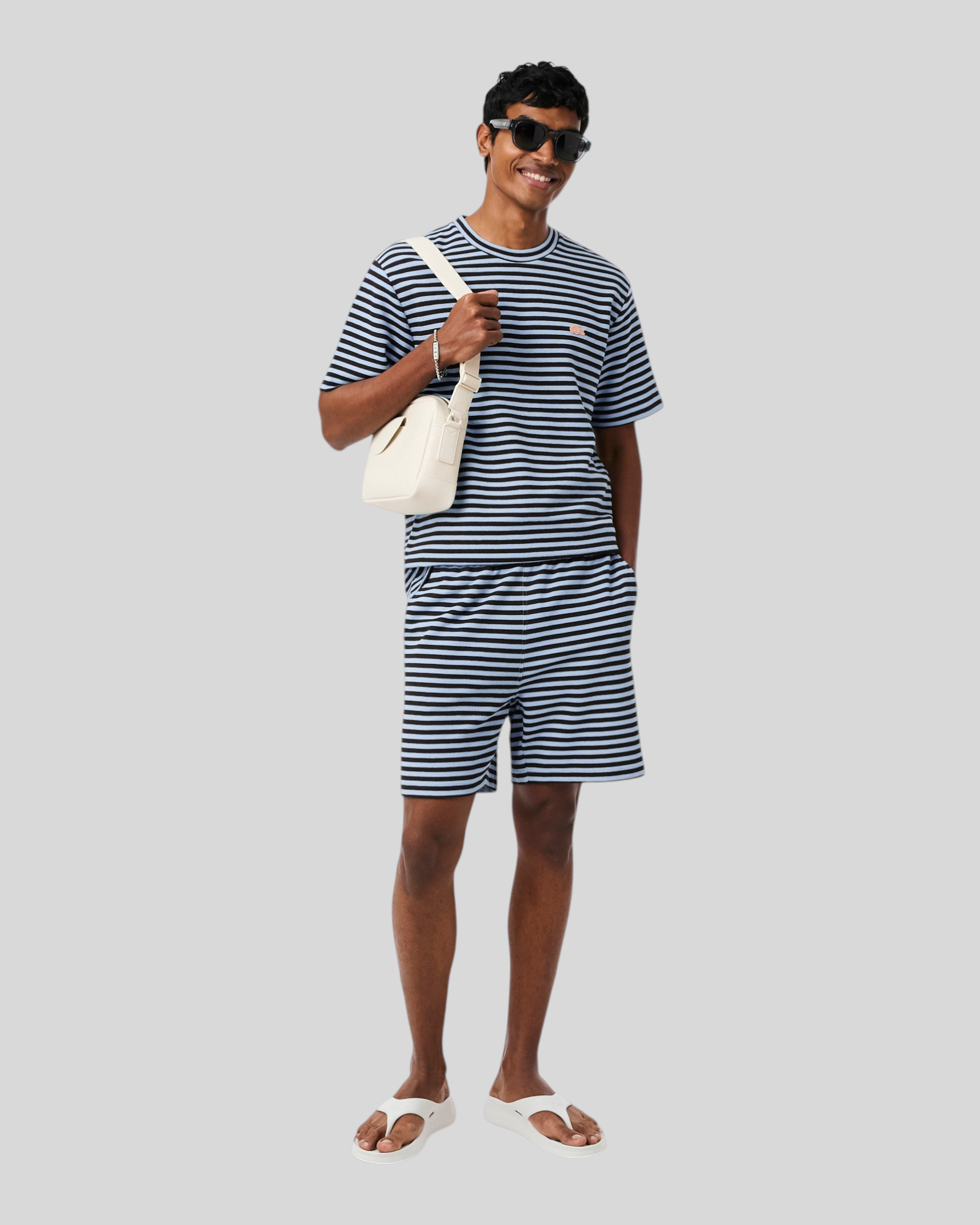 T-Shirt Classic Fit Testurizzata In Cotone a Righe Blu Chiaro e Marrone TH2193-00-4I3 Lacoste