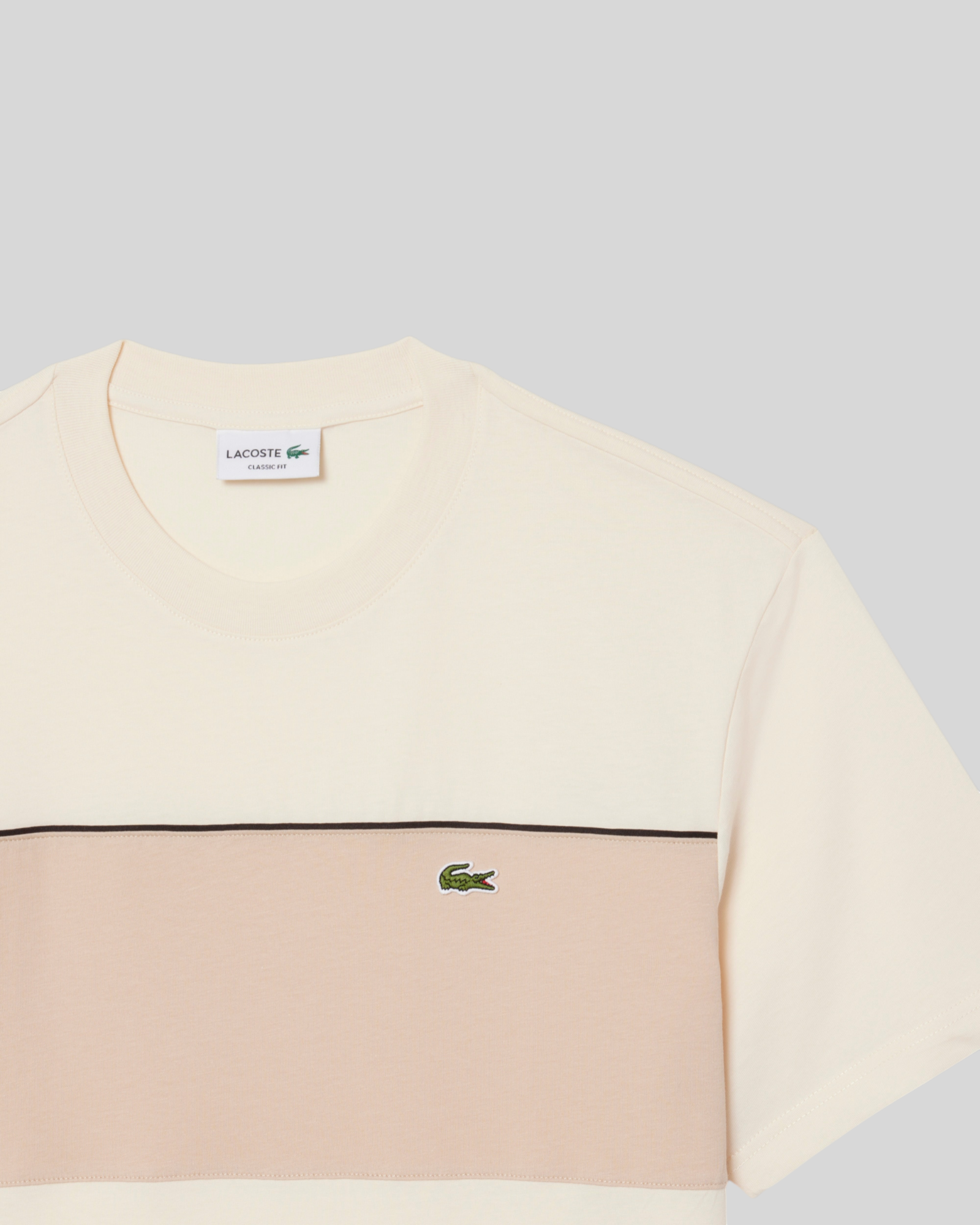 Brillantina Store Lacoste beige and cream color block cotton t-shirt with embroidered crocodile logo.