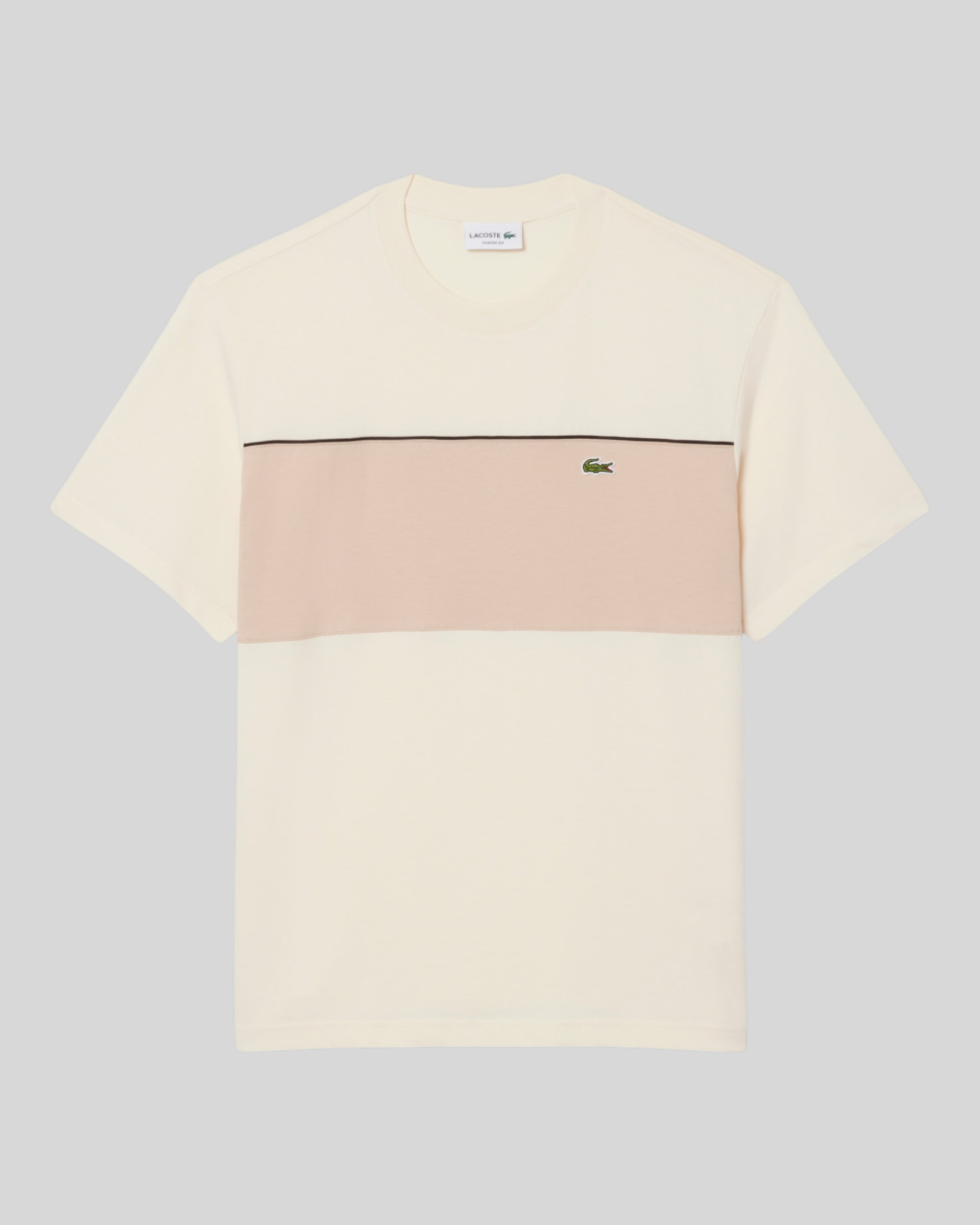 Brillantina Store: Lacoste beige and cream cotton t-shirt with color block design and embroidered crocodile logo.