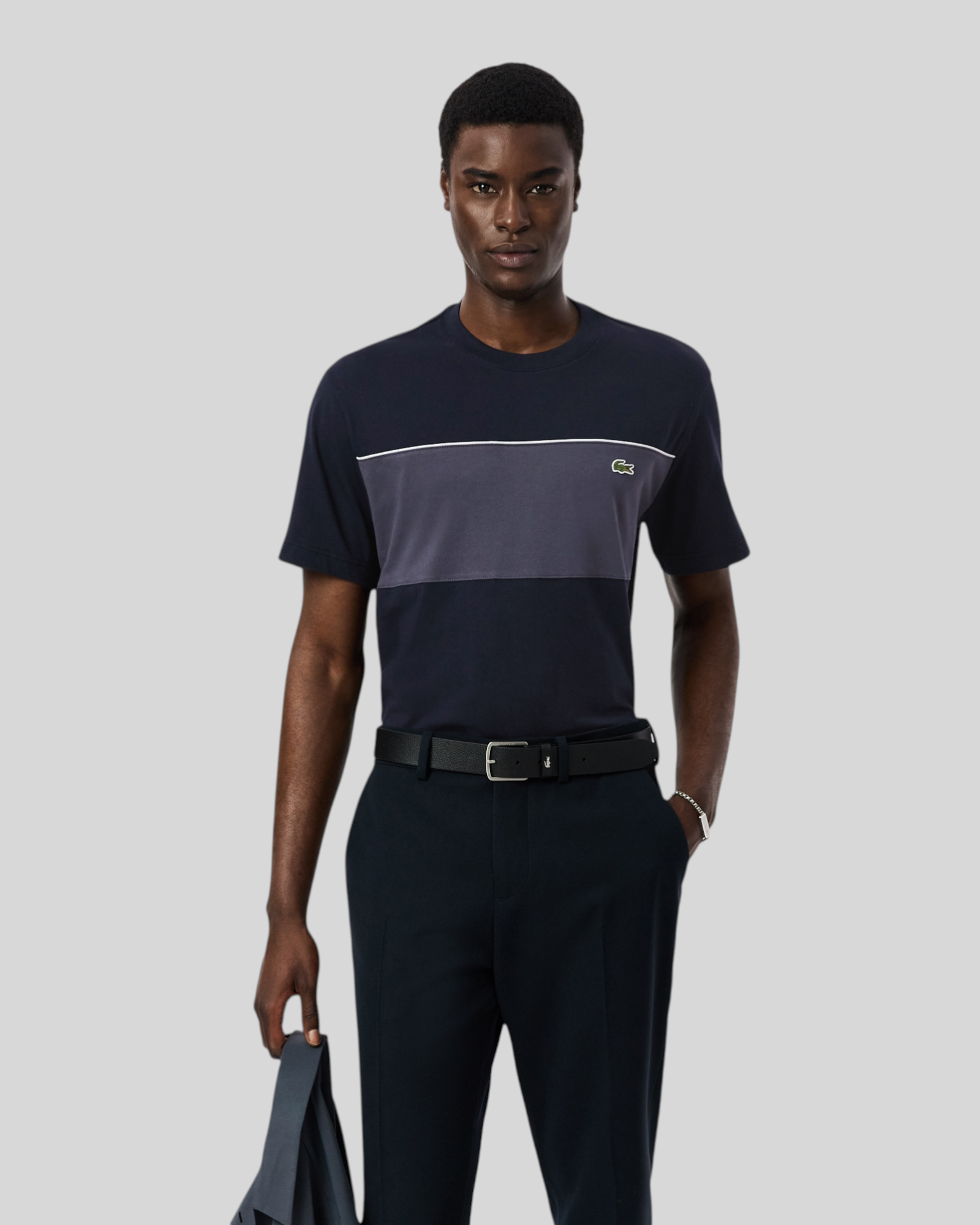 Brillantina Store Lacoste men's navy and grey color block t-shirt with embroidered crocodile logo on chest.