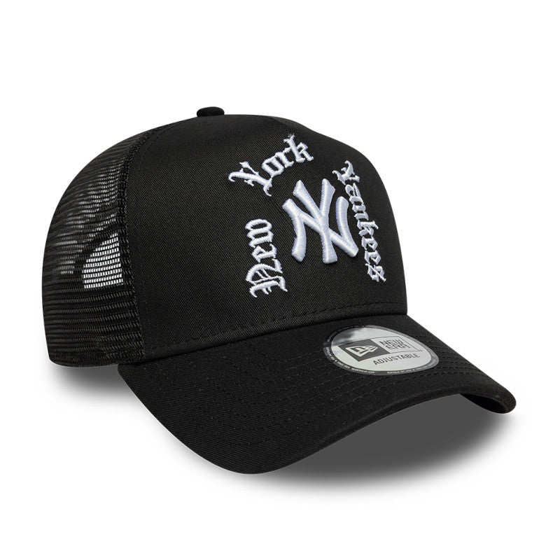 New Era 9FORTY A-Frame Trucker New York Yankees Wordmark nero vista laterale